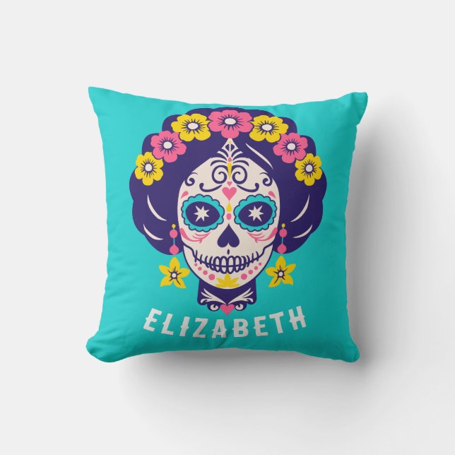 Personalised Bright Floral Sugar Skull Reversible Cushion (Front)