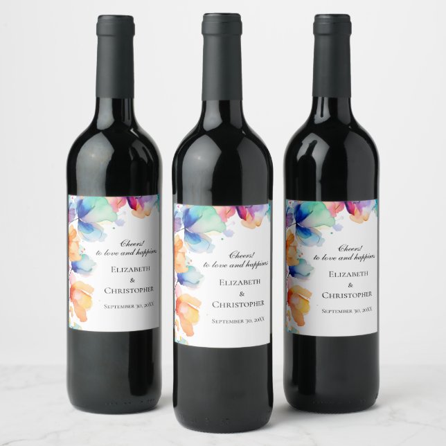 Personalised Bright Floral Watercolor Wedding  Wine Label (Bottles)