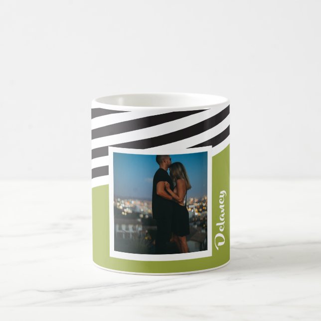 Personalised Bright Green Striped Pattern Photo Coffee Mug (Center)