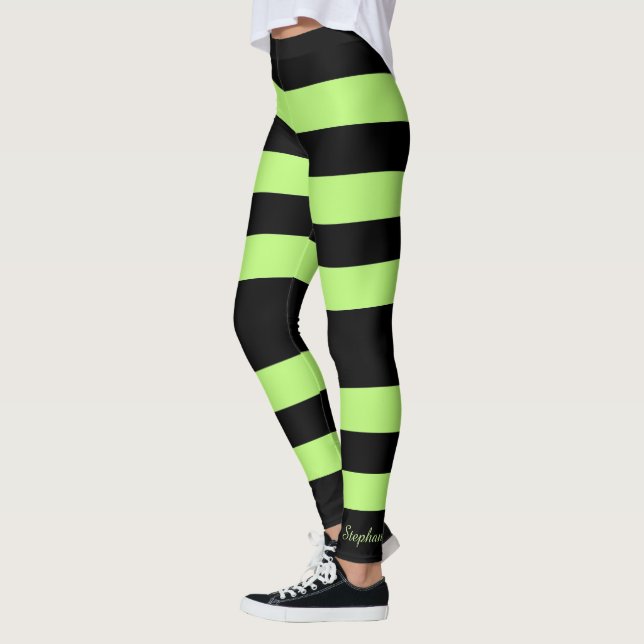 Personalised Bright Neon Green and Black Stripe Leggings (Left)