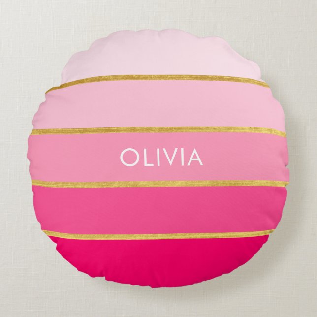 Personalised Bright Pink & Gold Name Round Cushion (Front)