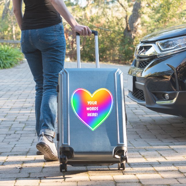 Personalised Bright Rainbow Heart Sticker (Suitcase Insitu)