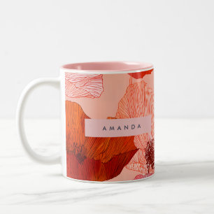 Personalised Bright Red and Peach Poppy Floral Two-Tone Coffee Mug