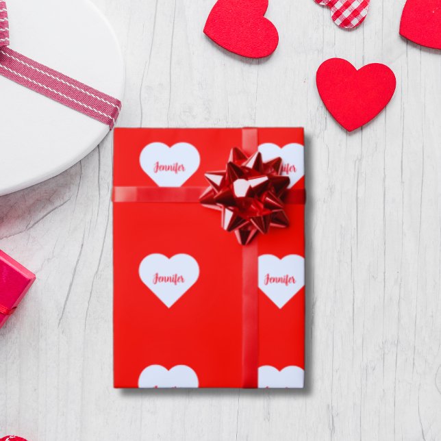 Personalised Bright Red & White Heart Love rustic Wrapping Paper (Creator Uploaded)