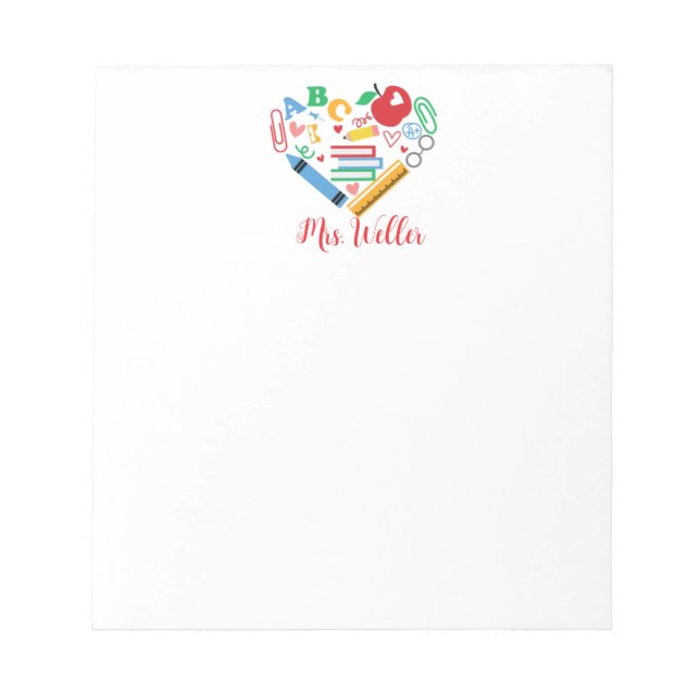 Personalised Bright School Supplies Heart Shaped Notepad (Front)