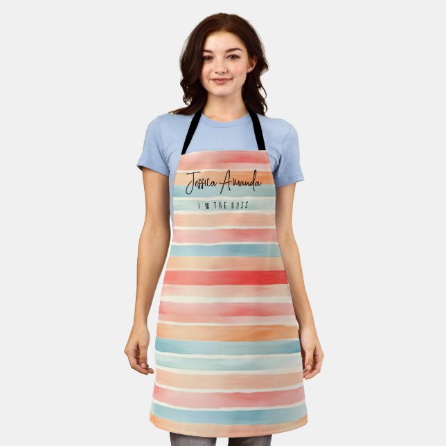 Personalised Bright Watercolor Colourful Stripe Apron (Worn)