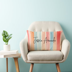 Personalised Bright Watercolor Colourful Stripe Lumbar Cushion