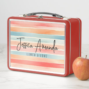Personalised Bright Watercolor Colourful Stripe Metal Lunch Box