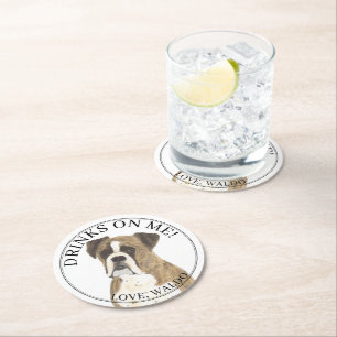 Personalised Brindle Boxer Dog Wedding Round Paper Coaster