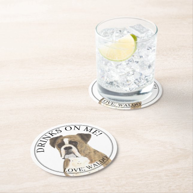 Personalised Brindle Boxer Dog Wedding Round Paper Coaster (Insitu)