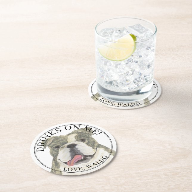 Personalised Brindle English Bulldog Dog Wedding Round Paper Coaster (Insitu)