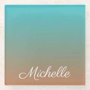 Personalised brown and blue ombre glass coaster