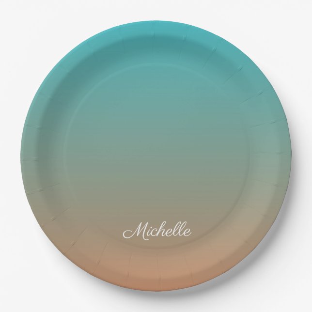 Personalised brown and blue ombre paper plate (Front)