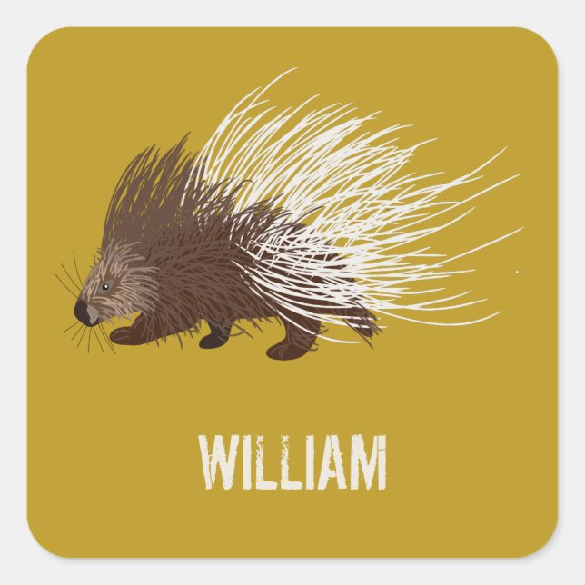 Personalised Brown and Mustard Porcupine Square Sticker (Front)