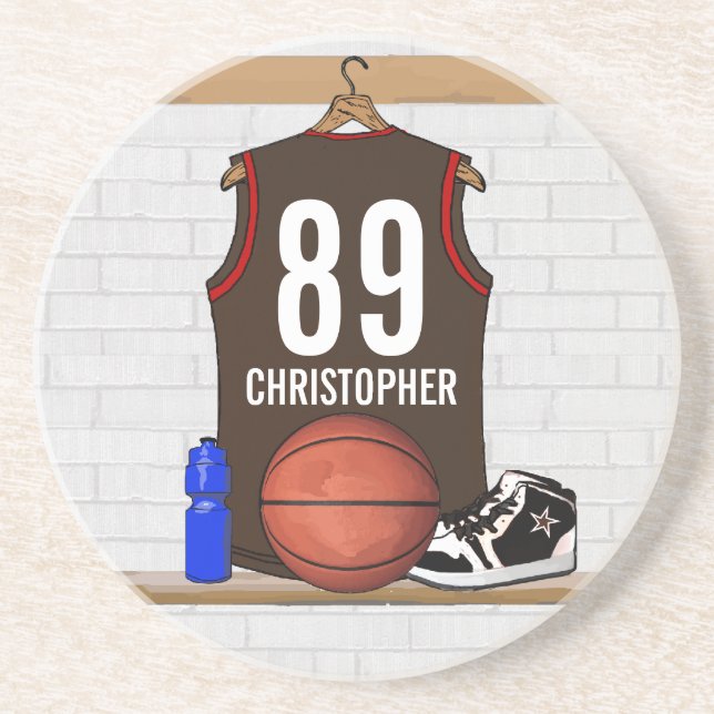 Personalised Brown and Red Basketball Jersey Coaster (Front)