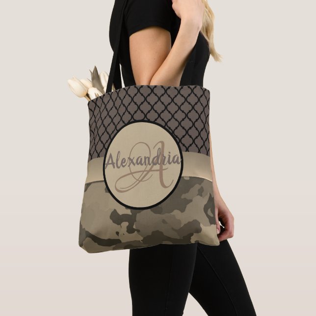 Personalised Brown Camo Monogram Tote Bag (Close Up)