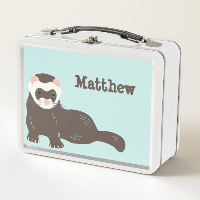 Personalised Brown Ferret Mint Green Metal Lunch Box (Front)