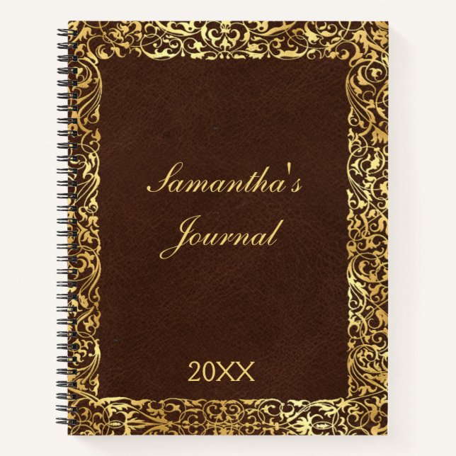 Personalised Brown Gold Flourish Swirl Ornate Notebook (Front)