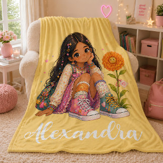 Personalised Brown Hair Girl Name Fleece Blanket