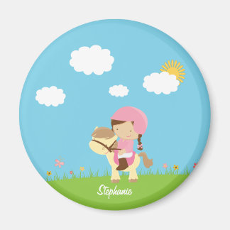 Personalised brown hair horse rider girl floral magnet