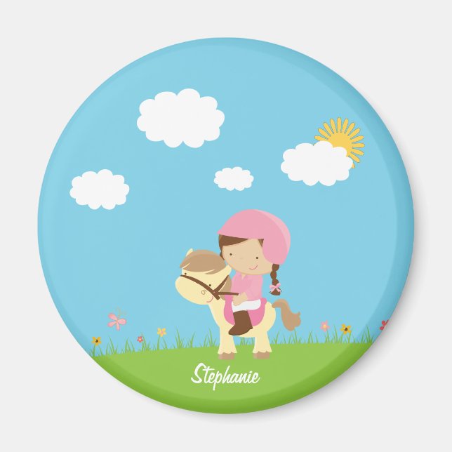 Personalised brown hair horse rider girl floral magnet (Front)
