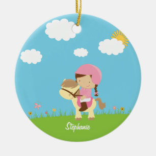 Personalised brown hair horse rider girl ornament