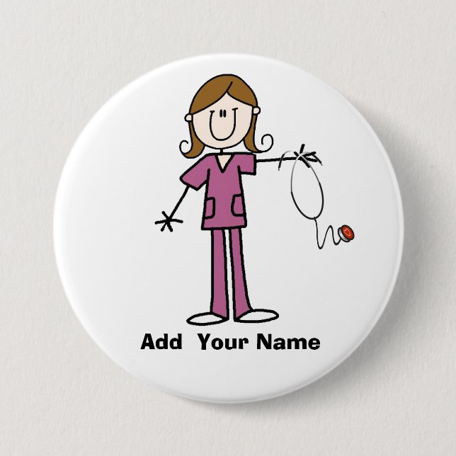 Personalised Brown Hair Stick Figure Nurse  Button (Front)