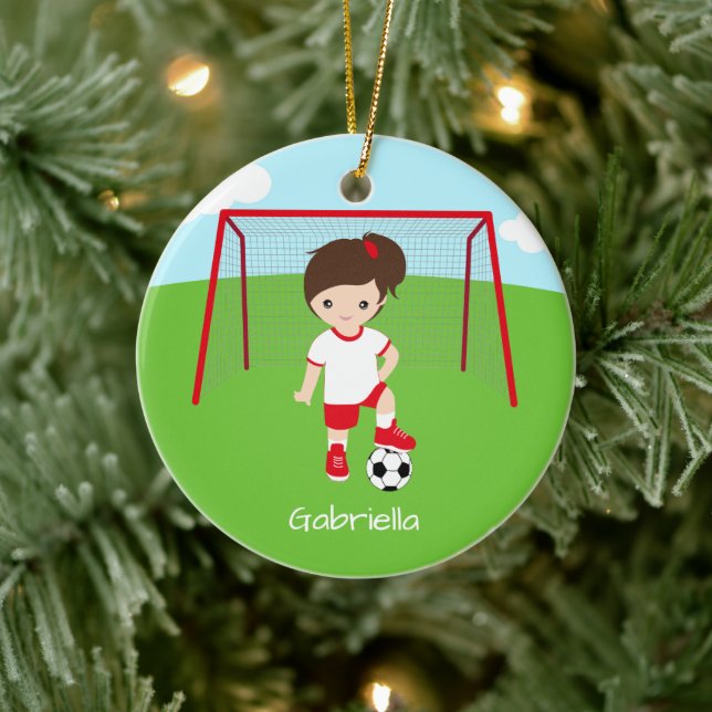Personalised Brown Haired Soccer Girl Christmas Ceramic Ornament (Tree)
