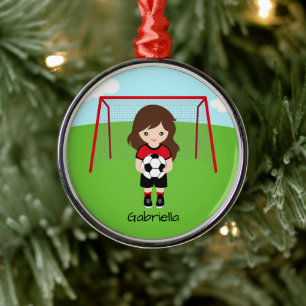 Personalised Brown Haired Soccer Girl Christmas Metal Ornament