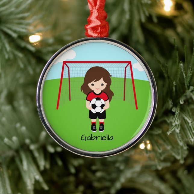 Personalised Brown Haired Soccer Girl Christmas Metal Ornament (Tree)