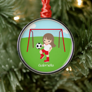 Personalised Brown Haired Soccer Girl Christmas Metal Ornament
