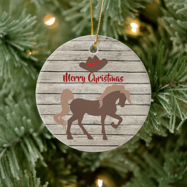 Personalised Brown Horse and Cowboy Hat Christmas Ceramic Ornament (Tree)