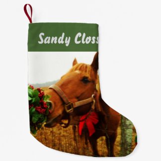 Personalised Brown horse red bow & Mistletoe Small Christmas Stocking
