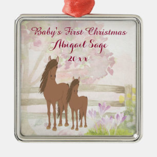 Personalised Brown Horses Baby's 1st Christmas Metal Tree Decoration