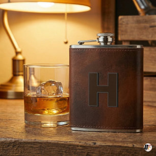Personalised Brown Leather Hip Monogram Initial H Flask