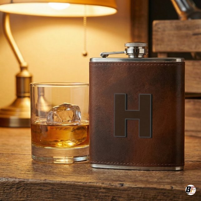 Personalised Brown Leather Hip Monogram Initial H  Flask (Creator Uploaded)