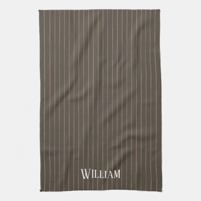 Personalised brown retro pinstripes tea towel (Vertical)