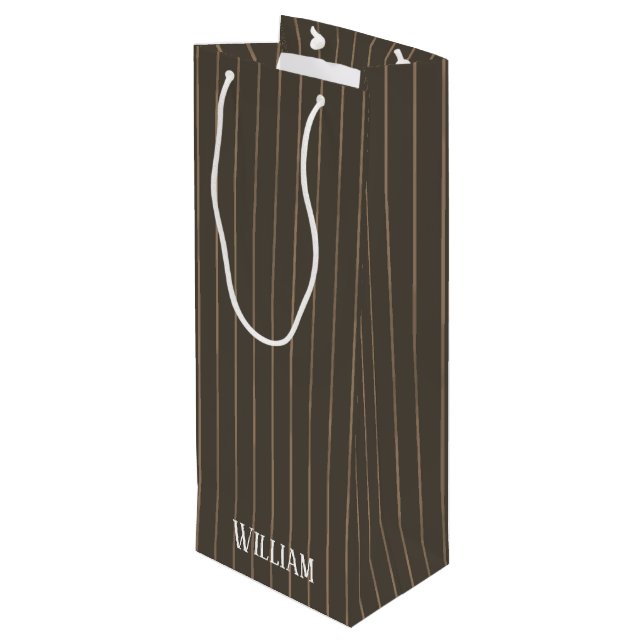 Personalised brown retro pinstripes wine gift bag (Back Angled)