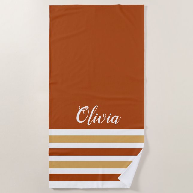 Personalised Brown Sand And White Striped Beach Towel (Front)