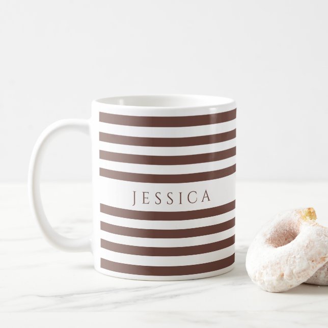 Personalised Brown Stripes Pattern Name Coffee Mug (With Donut)