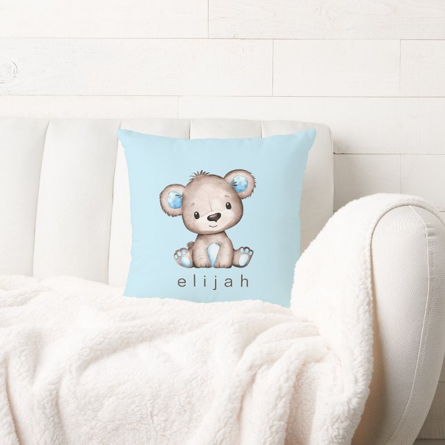 Personalised Brown Teddy Bear Baby Boy Blue Cushion (Creator Uploaded)