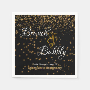 Personalised Brunch Bubbly Gold Confetti on Black Napkin