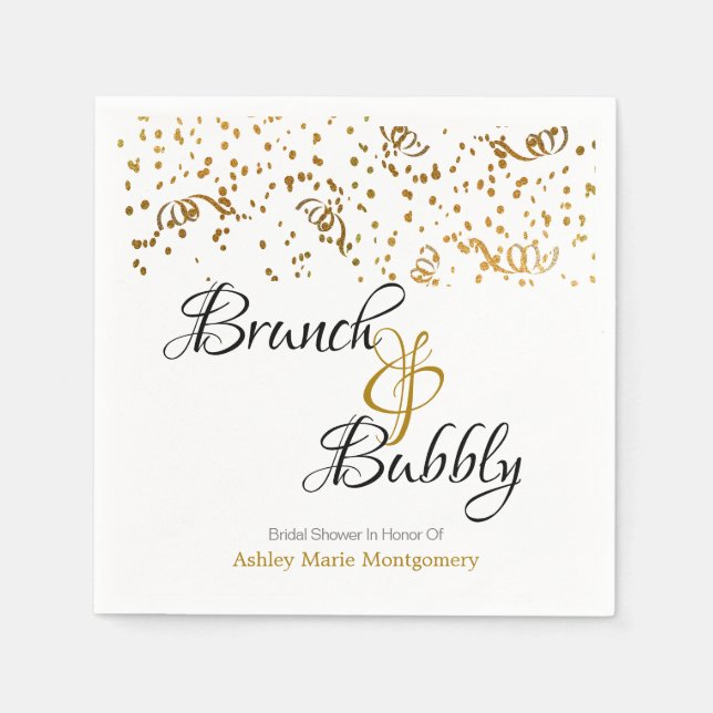 Personalised Brunch Bubbly Gold Confetti on White Napkin (Front)