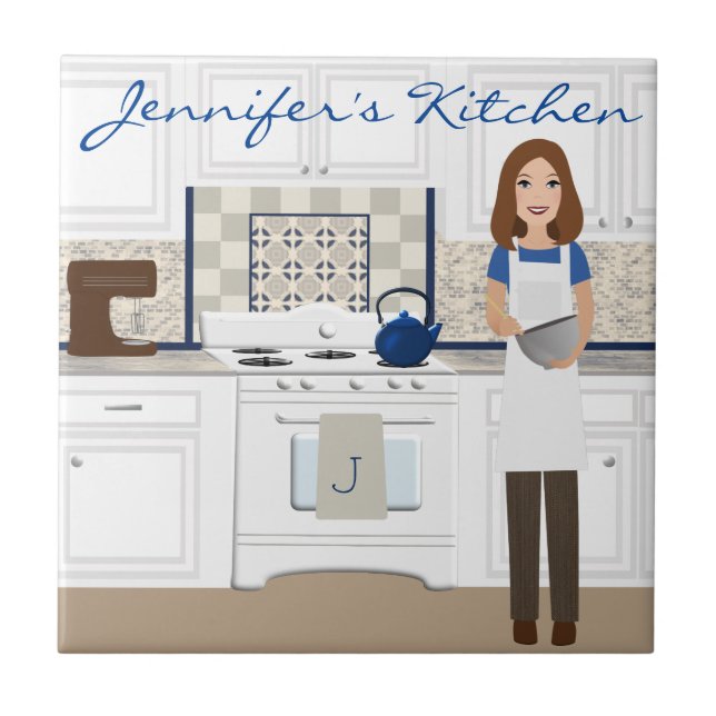 Personalised Brunette Kitchen Cook Tile (Front)