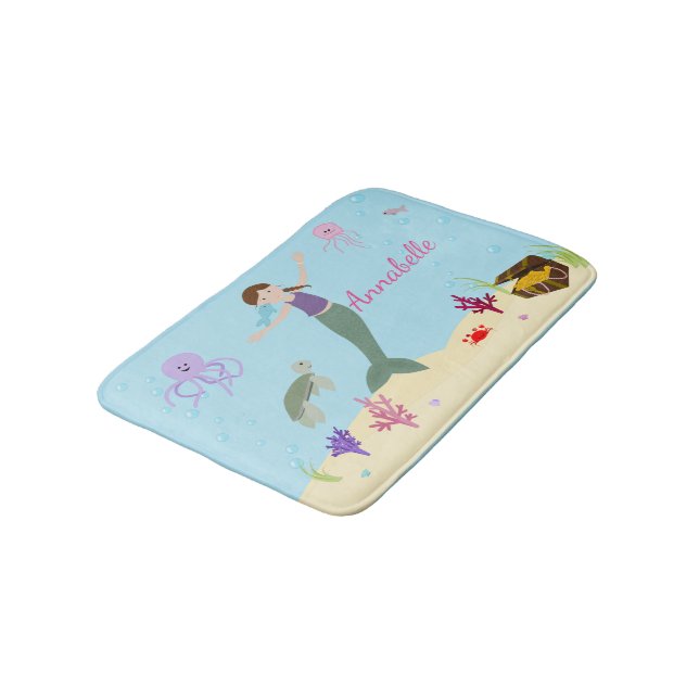 Personalised Brunette Mermaid and Ocean Friends Bath Mat (Angled)