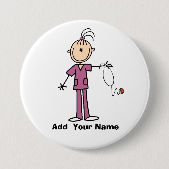 Personalised Brunette Stick Figure Nurse Button (Front)