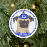 Personalised Brussels Griffon Hanukkah Yarmulke Ceramic Ornament<br><div class="desc">Celebrate your favourite mensch on a bench with personalised ornament! This design features a sweet illustration of a brussels griffon dog with a blue and white yarmulke. For the most thoughtful gifts, pair it with another item from my collection! To see more work and learn about this artist, visit her...</div>