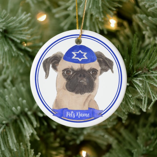 Personalised Brussels Griffon Hanukkah Yarmulke Ceramic Ornament (Tree)