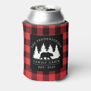 Personalised Buffalo Plaid Bear Forest Cabin Can Cooler