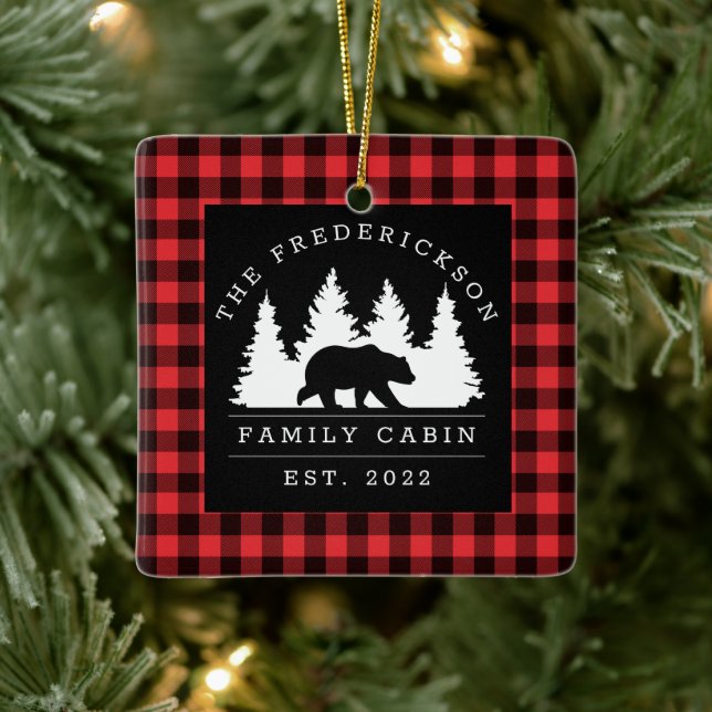 Personalised Buffalo Plaid Bear Forest Cabin Ceramic Ornament (Tree)